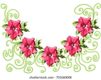 Vector drawing of a wreath vignette,  bright petunia flower with leaves and curly stems
