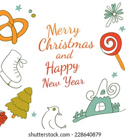 Vector drawing Xmas card design. Merry Christmas sketch greetings. Fun colored Holidays elements.