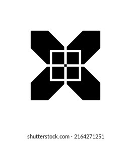Vector drawing x-shaped cross with a square in the middle, color black flat style