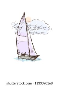 Vector drawing of a yacht. Figures in the form of a sketch. It can be used to design brochures, advertising, travel.