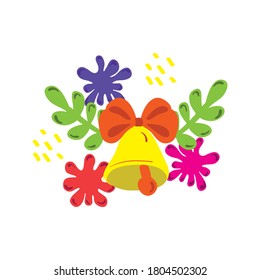 Vector drawing of a yellow bell on a green handmade leaf on a white isolated background, flat, cartoon. Design of postcards, children's, school, printing on fabric, covers