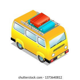 
Vector drawing of a yellow bus with suitcases. Car in isometric style, icon, travel symbol