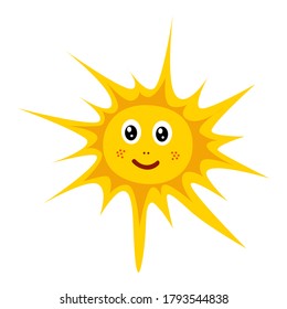 Vector drawing of a yellow cheerful sun on a white isolated background, flat style. The symbol of summer, spring, packaging design, gifts, holiday, postcard, decoration.