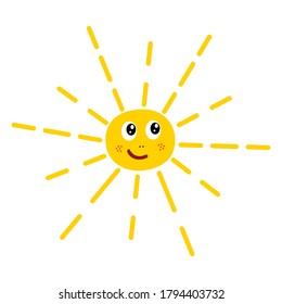 Vector drawing of a yellow cheerful sun on a white isolated background, flat style. The symbol of summer, spring, packaging design, gifts, holiday, postcard, decoration.