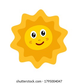 Dibujo vectorial de un sol alegre amarillo sobre un fondo blanco aislado, de estilo plano. Símbolo de verano, primavera, diseño de envases, regalos, vacaciones, postal, decoración.