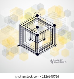 Vector drawing of yellow industrial system created with lines and 3D cubes. Modern geometric composition can be used as template and layout. 