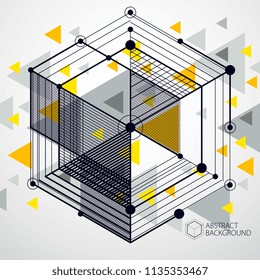 Vector drawing of yellow industrial system created with lines and 3D cubes. Modern geometric composition can be used as template and layout. 