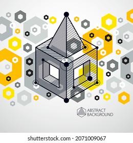 Vector drawing of yellow industrial system created with lines and 3D cubes. Modern geometric composition can be used as template and layout. 