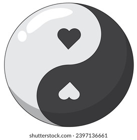 Vector, drawing of a yin yang circle with heart, in black and white in color, for any print