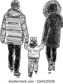 Vector drawing of a young family going for a walk