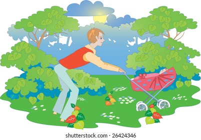 In vector drawing young father walks with a child in a wheel chair