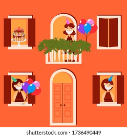 Vector drawing of a young girl's birthday celebration with cake, balloons on a colored background. People celebrate, congratulate, relax flat, cartoon. Registration of banners, printing on fabric