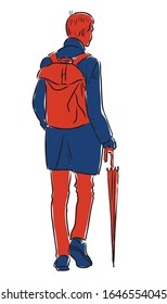 dibujo vectorial de un joven con paraguas caminando por la calle
