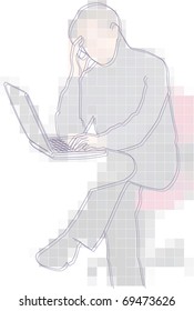 Vector drawing of a young man working and thinking looking up (isolated on white)