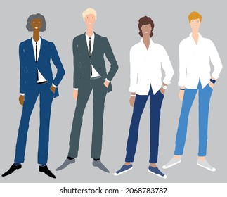 Vector drawing of young men in business and casual costumes