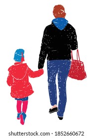 Vector drawing of young mother with her little daughter walking along street