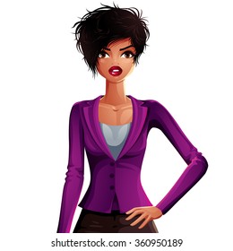 Vector drawing of young pretty business lady wearing purple jacket, holds her hand on waist. Vector illustration of woman isolated on white background, upper body portrait.