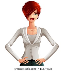 Vector drawing of young pretty business lady with fashionable female short haircut. Vector illustration of red-haired woman holding her hands on waist, isolated on white background.