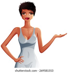 Vector drawing of a young pretty lady with fashionable female haircut wearing a white elegant dress. Illustration of a woman showing some empty space to side with her hand, isolated on white.