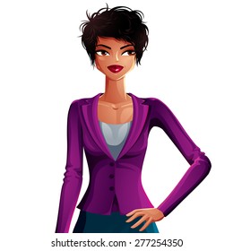 Vector drawing of a young pretty lady with fashionable female haircut. Vector illustration of a woman Holding her hands on a waist, businesswoman.