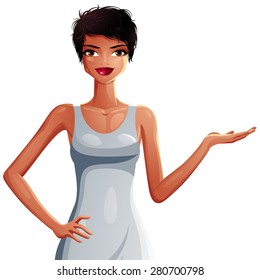Vector drawing of a young pretty lady with fashionable female haircut wearing a white elegant dress. Illustration of a woman showing some empty space to side with her hand, isolated on white.