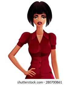Vector drawing of a young pretty lady with fashionable female haircut. Vector illustration of a woman wearing a bright blouse, isolated on white background. Hand on a waist pose.