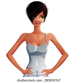 Vector drawing of a young pretty lady with fashionable female haircut. Vector illustration of a woman with her hands akimbo, upper body portrait.
