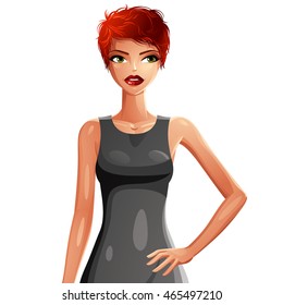 Vector drawing of young pretty lady with fashionable female short haircut wearing an elegant classic dress. Vector illustration of a red-haired woman isolated on white background.