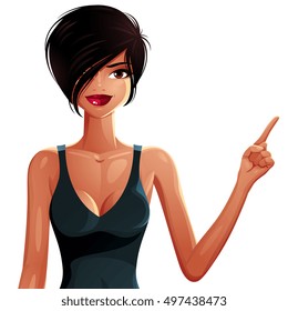 Vector drawing of a young pretty lady points her finger to side at some empty copy space. Vector illustration of a woman isolated on white background.
