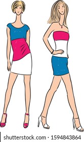 Vector drawing of young slender women in summer dresses