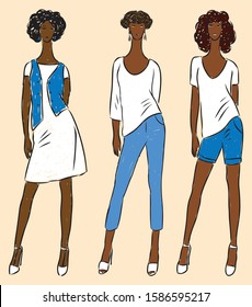 Vector drawing of young slim women in jeans,dress, shirts and denim vest and shorts