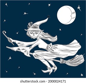 Vector drawing of young witch flying on  broomstick on Halloween night