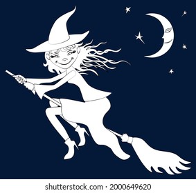 Vector drawing of young witch flying on broomstick in night sky