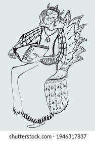 Vector drawing of young witch sitting and reading a magic book