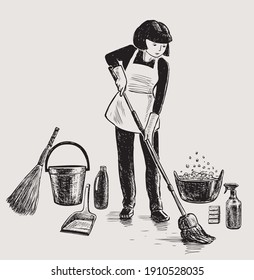 Vector drawing of a young woman with different cleaning products washes the floor