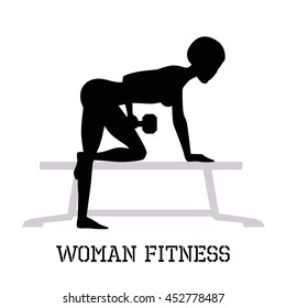 Vector Drawing Of Young Woman In The Gym With Dumbbell, Black Silhouette Of Girl Lifting Weights, Woman Making Exercises, Woman Fitness Concept