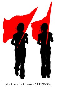 Vector drawing young women and flags