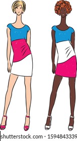 Vector drawing of young women in summer dresses