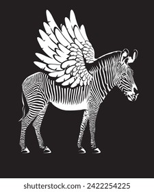 vector drawing of a zebra animal with wings like a pegasus horse on black background. suitable for logo or symbol