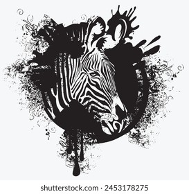 vector drawing of a zebra head in a circle with spots and splashes of black paint. suitable for logo or symbol