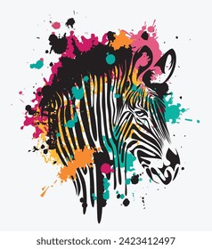 vector drawing of a zebra head with color spots and splashes and black paint. suitable for logo or symbol