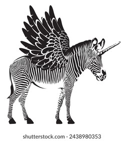 vector drawing of a zebra unicorn animal with wings like a pegasus horse on black background. suitable for logo or symbol