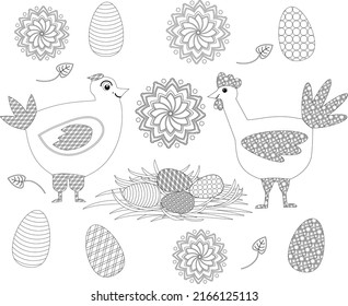 vector drawing. zentangle coloring page. hen. cockerel and eggs in the nest