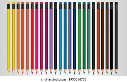 Vector drawing.24 bright colors of wooden colored pencils with eraser on the top in vertical position on white background. Back to school stationery. Hexagonal shape.