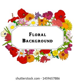 vector drawingbackground with flowers, floral composition, hand drawn art illustration