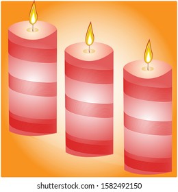 Vector drawing-Christmas candles. Three red burning candles on an orange background. Template, decoration, banner.