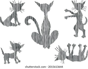 Vector drawings of abstract doodle silhouettes of cartoon domestic cat with cute kittens