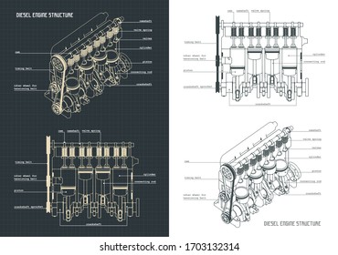 Vector Drawings And Basic Structure Of A Diesel Four-cylinder Engine