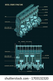 Vector Drawings And Basic Structure Of A Diesel Four-cylinder Engine