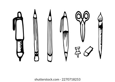 Vector drawings in black pencil, on a white background pen, pencil, brush, pen, stationery